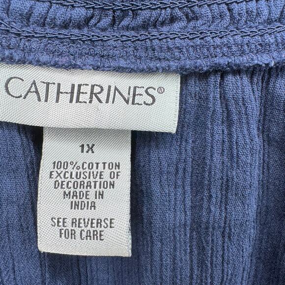 Catherines 1X Blue Embroidered Cotton Boho Peasant Top Tassel V-Neck  Blouse - Picture 5 of 6